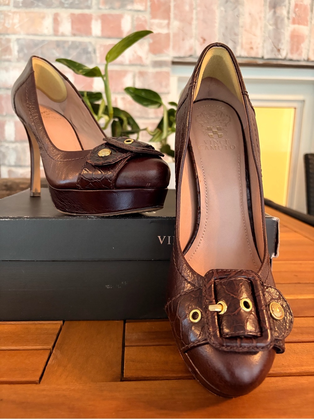 Vince Camuto Dark Brown Leather Platform Pumps with Buckle Detail